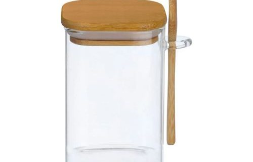 برطمان بغطاء خشبي + ملعقة مقاس 8 * 20 سم ( 750 مل )